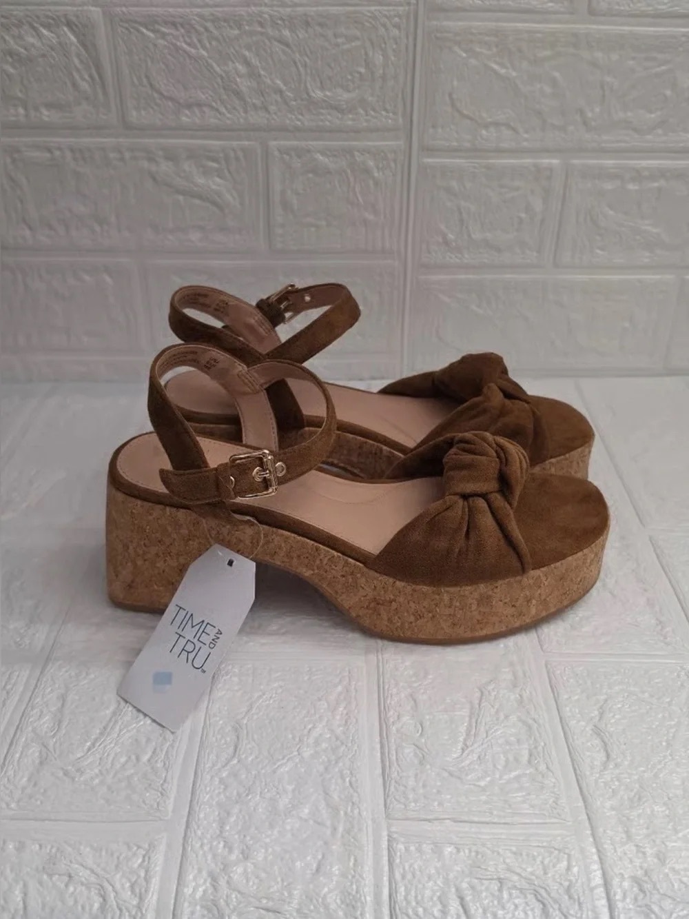 Time and Tru Brown Suede Knot Cork Platform Sandals
